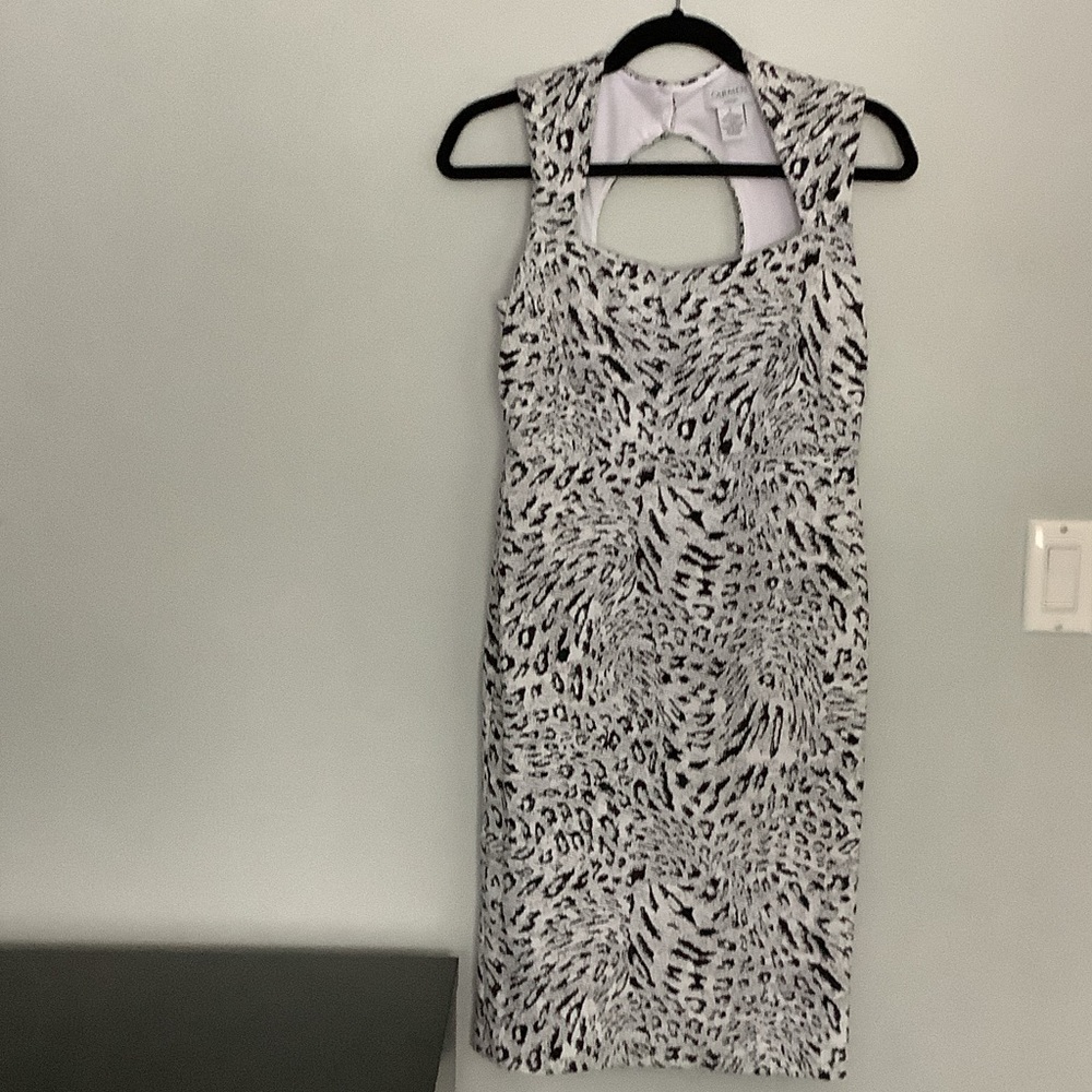 Carmen Marc Valvo Black and White Animal Print Midi Dress